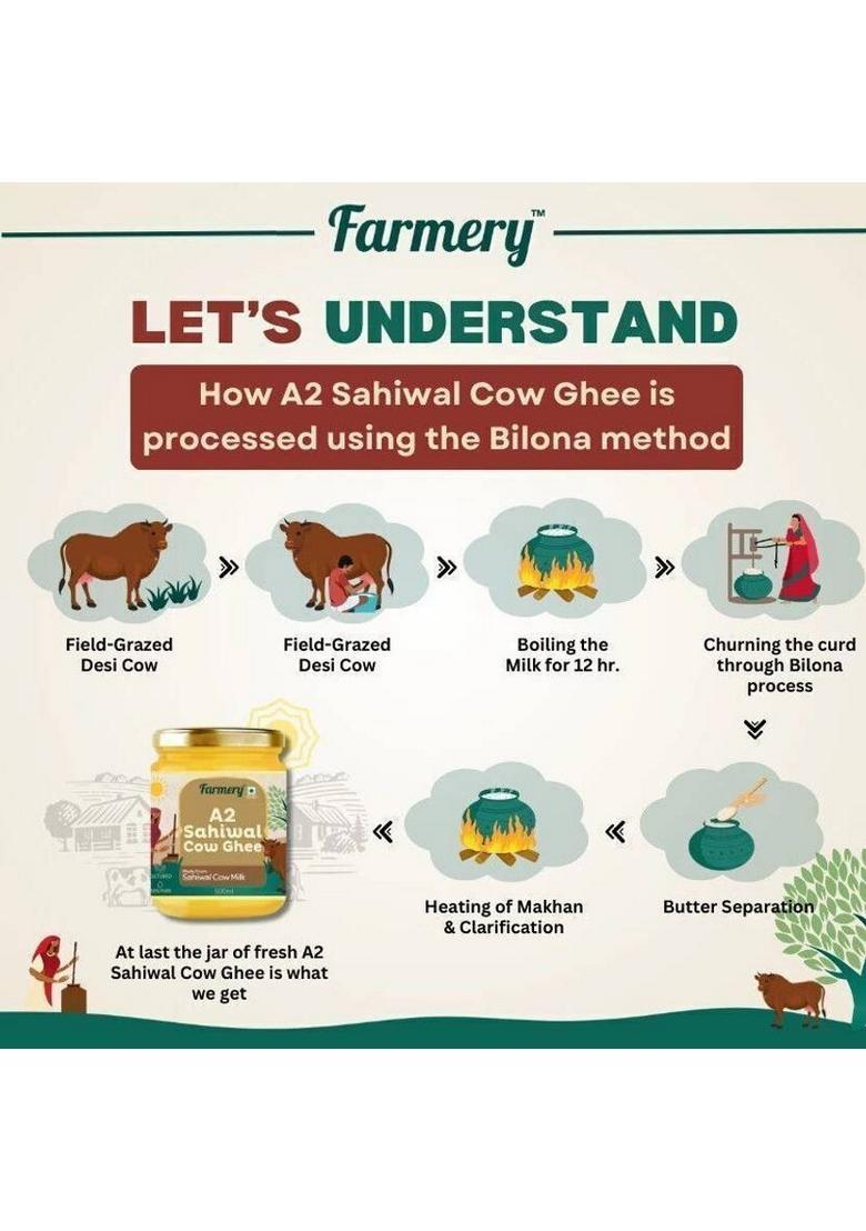 Farmery A2 Sahiwal Cow Ghee | 100% Pure Desi Ghee| Organic & Gluten-Free Rich In Omega Mason Jar (500 G)