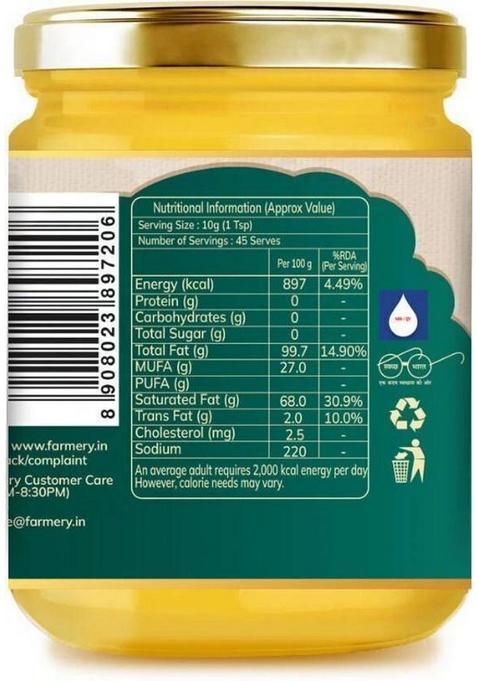 Farmery A2 Sahiwal Cow Ghee | 100% Pure Desi Ghee| Organic & Gluten-Free Rich In Omega Mason Jar (500 G)