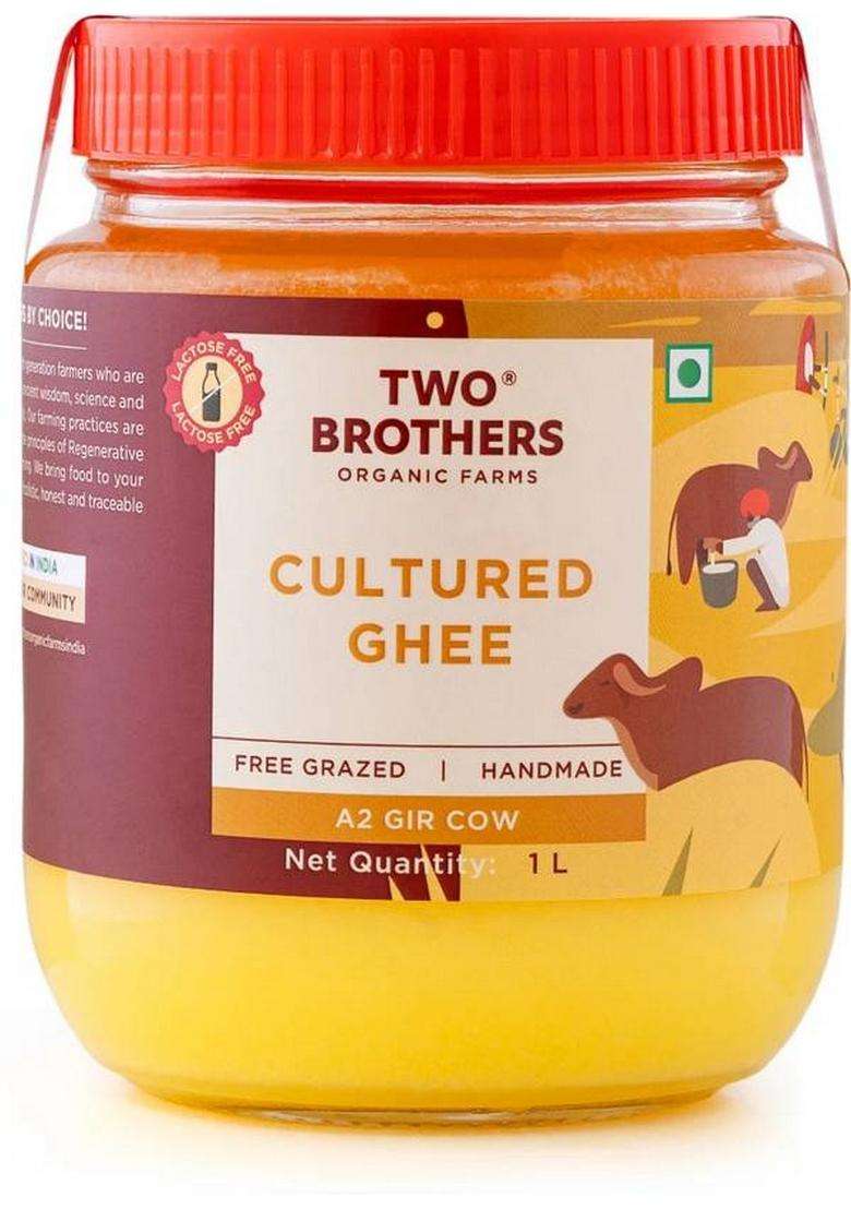 Two Brothers Organic Farms Natural Healthy & Fresh A2 Cultured Desi Gir Cow Ghee Glass Bottle (1000 Ml) - Indya