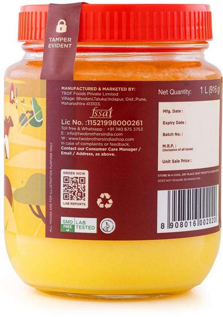 Two Brothers Organic Farms Natural Healthy & Fresh A2 Cultured Desi Gir Cow Ghee Glass Bottle (1000 Ml) - Indya
