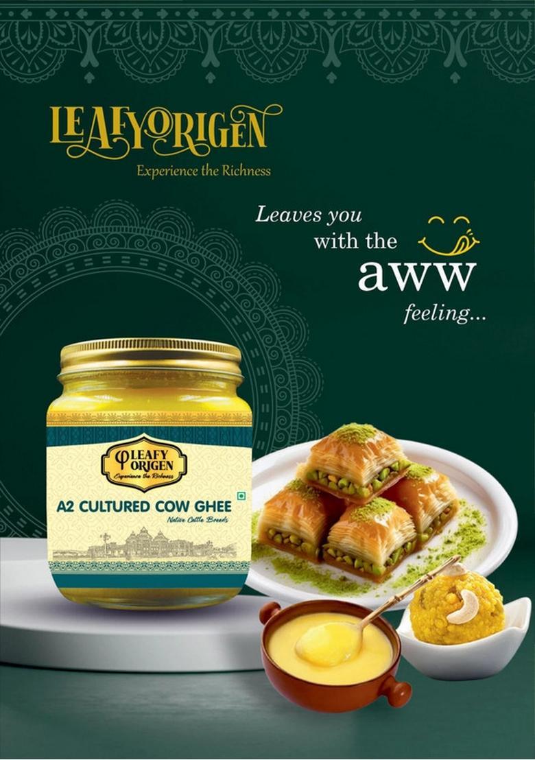 Leafy Origen A2 Premium Cultured Cow Ghee Glass Bottle (250 Ml)