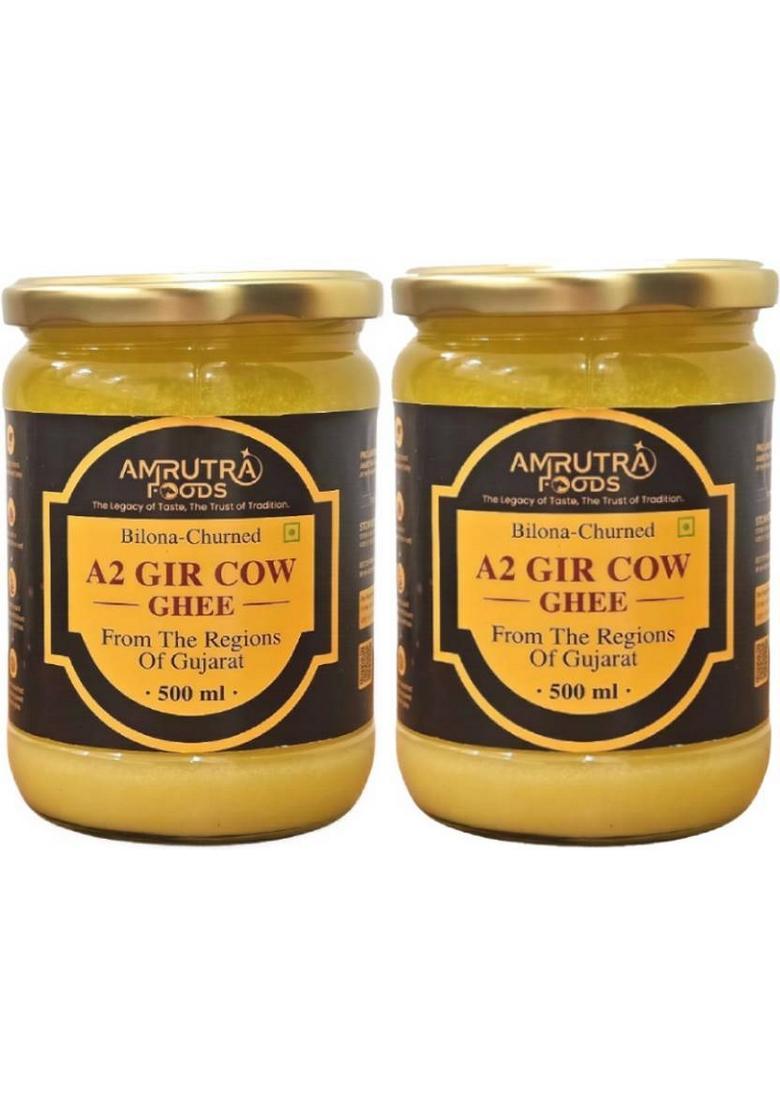 Amrutra Foods A2 Gir Cow Ghee|Traditional Bilona Method |Pure,Natural & Healthy Ghee Glass Bottle (500 Ml, Pack Of 2)