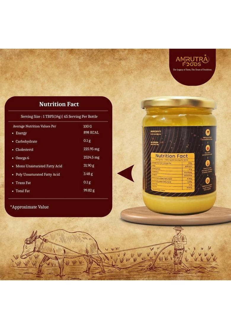 Amrutra Foods A2 Gir Cow Ghee|Traditional Bilona Method |Pure,Natural & Healthy Ghee Glass Bottle (500 Ml, Pack Of 2)