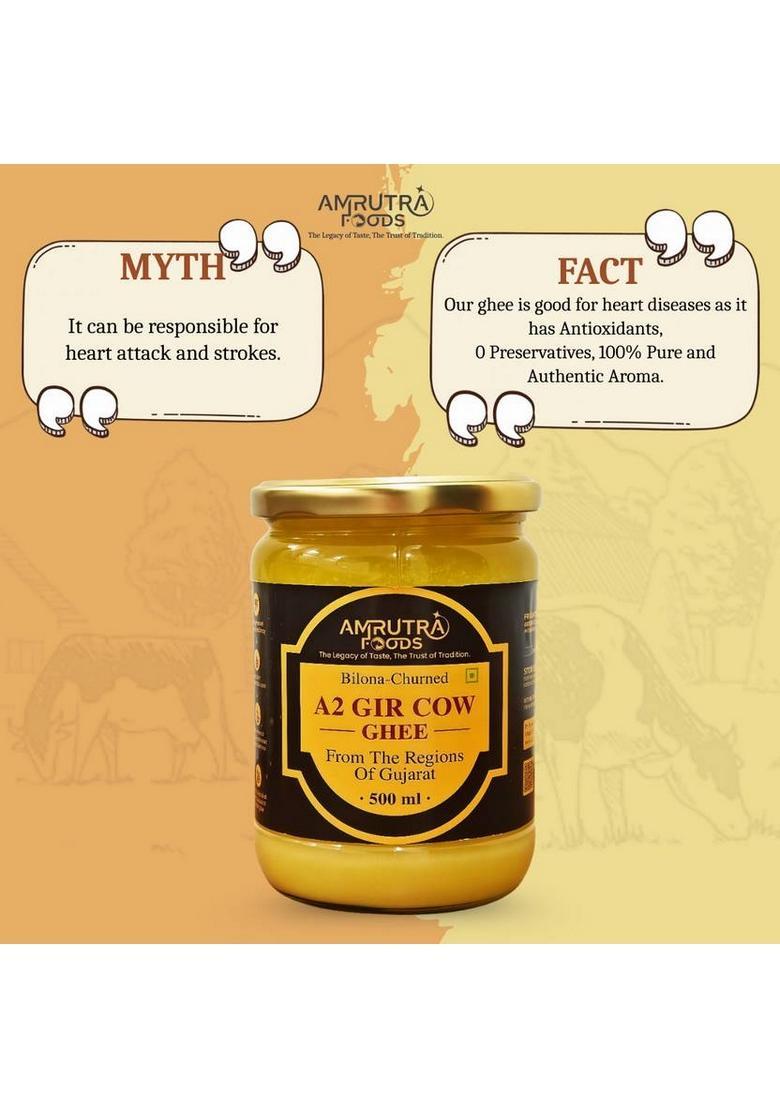 Amrutra Foods A2 Gir Cow Ghee|Traditional Bilona Method |Pure,Natural & Healthy Ghee Glass Bottle (500 Ml, Pack Of 2)