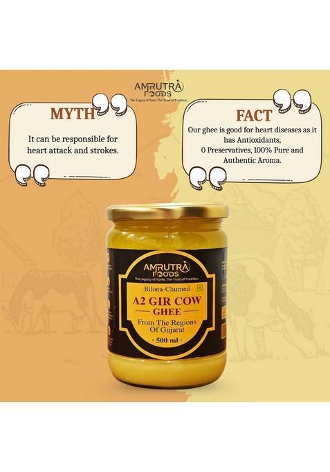 Amrutra Foods A2 Gir Cow Ghee|Traditional Bilona Method |Pure,Natural & Healthy Ghee Glass Bottle (500 Ml, Pack Of 2)