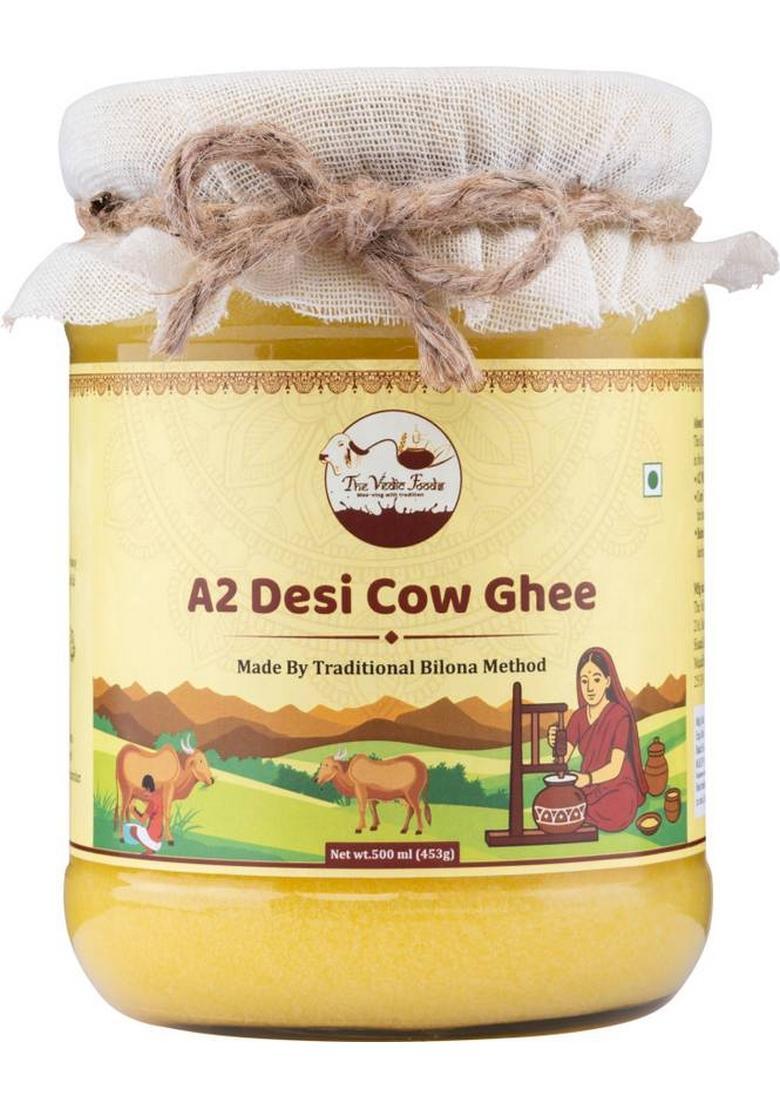 The Vedic Foods A2 Desi Cow Ghee | Traditional Bilona Method Pure, Natural And Lab Tested Glass Bottle (500 Ml)