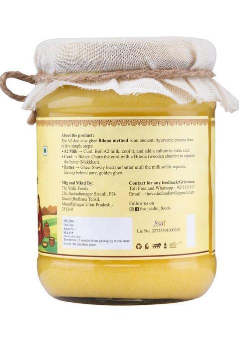 The Vedic Foods A2 Desi Cow Ghee | Traditional Bilona Method Pure, Natural And Lab Tested Glass Bottle (500 Ml)
