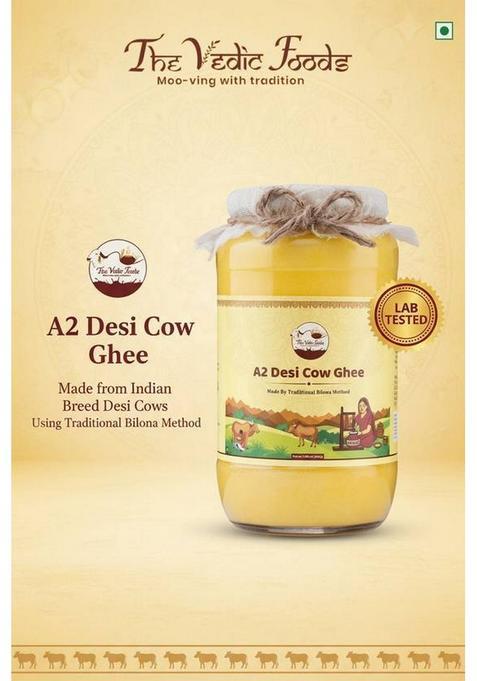 The Vedic Foods A2 Desi Cow Ghee | Traditional Bilona Method Pure, Natural And Lab Tested Glass Bottle (500 Ml)