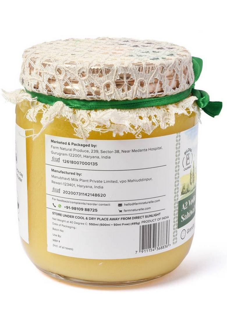 Farm Naturelle Pure Desi Cow Ghee From A2 Milk 500Ml Glass Bottle (550 Ml)