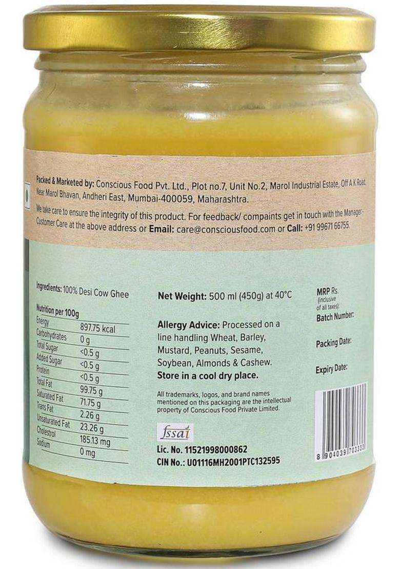 Conscious Food A2 Desi Cow Ghee 500Ml | Made With Pure Milk From Grass Fed Cows Mason Jar (500 Ml) - Indya