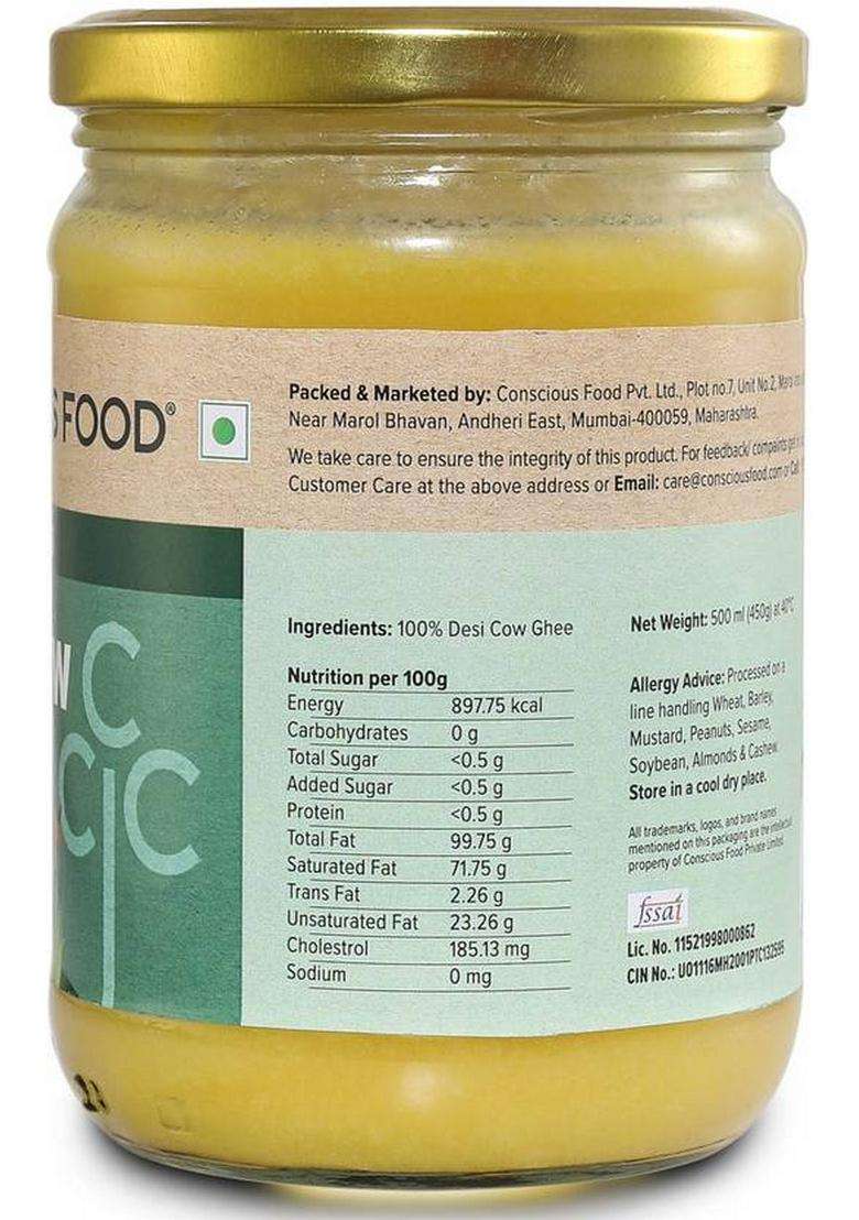 Conscious Food A2 Desi Cow Ghee 500Ml | Made With Pure Milk From Grass Fed Cows Mason Jar (500 Ml) - Indya