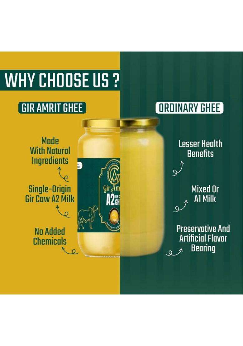 Gir Amrit A2 Cow |Glass Jar |Traditional Bilona Method Ghee Glass Bottle (905 G) - Indya