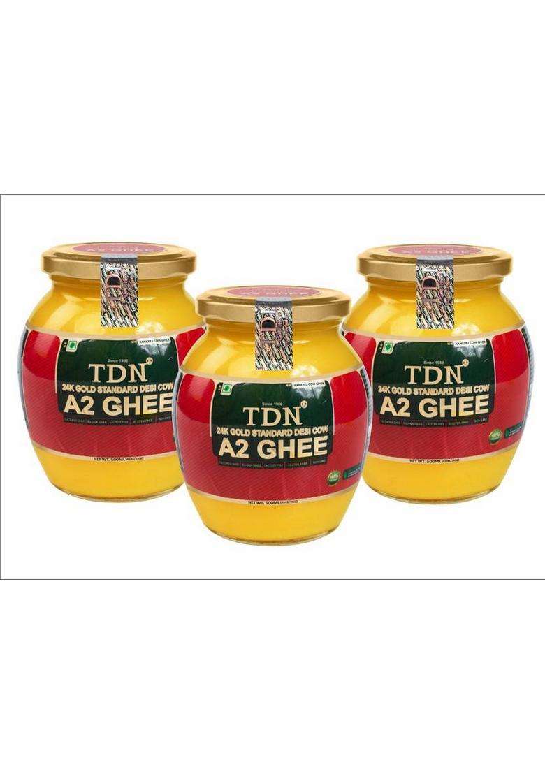 Tdn A2 Ghee 500Ml|Pure Cow 500 Ml|Organic Ghee||Desi Bilona Glass Bottle (500 Ml, Pack Of 3) - Indya
