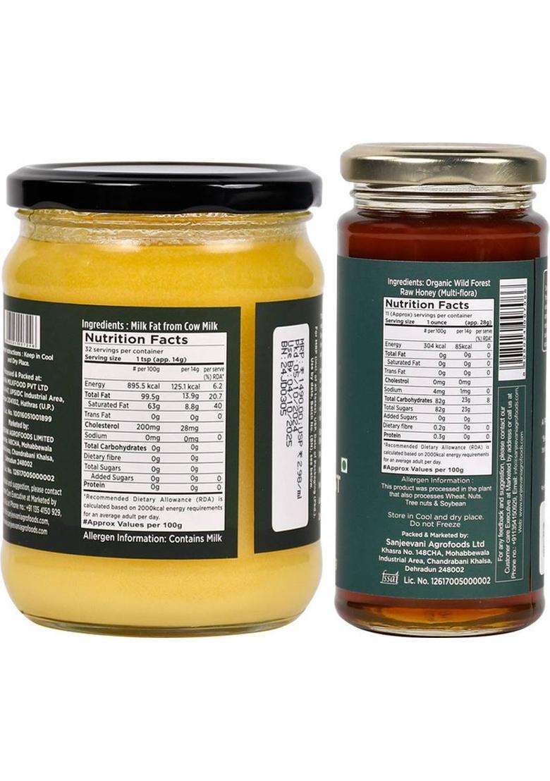 Sanjeevani Organics Organic A2 Badri Ghee | Wild Forest Honey Nutrient Rich Chemical-Free Glass Bottle (755 G, Pack Of 2) - Indya