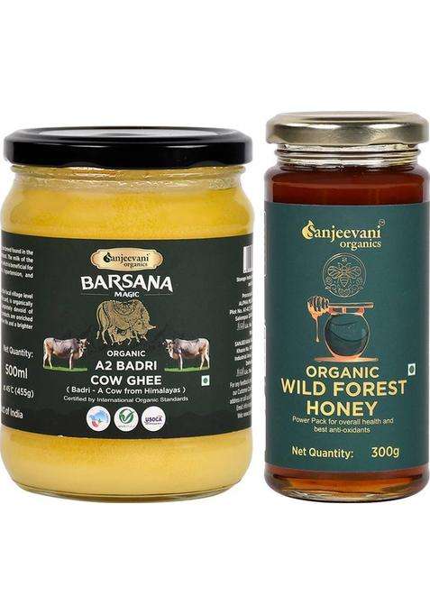 Sanjeevani Organics Organic A2 Badri Ghee | Wild Forest Honey Nutrient Rich Chemical-Free Glass Bottle (755 G, Pack Of 2)