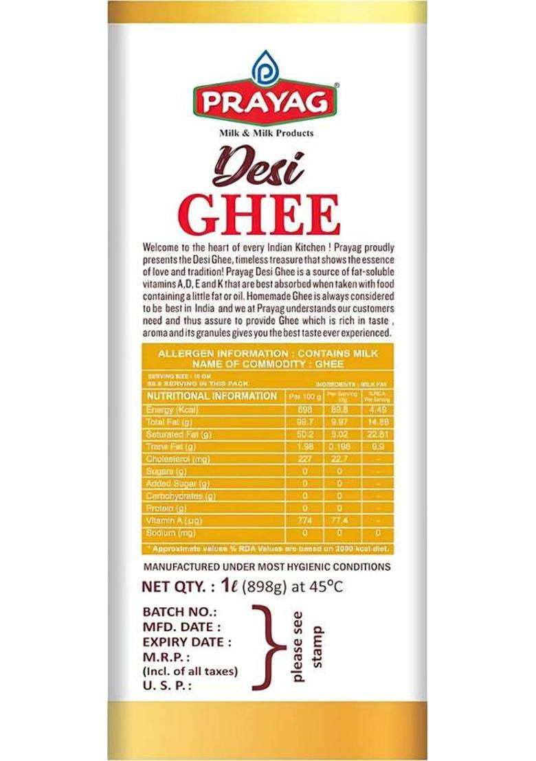 Prayag Milk & Products Desi Ghee 1 Litre, Rich Aroma Smooth Texture Premium Quality Pure Tetrapack (898 G) - Indya
