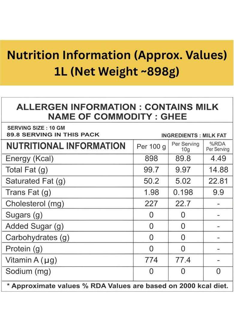 Prayag Milk & Products Desi Ghee 1 Litre, Rich Aroma Smooth Texture Premium Quality Pure Tetrapack (898 G) - Indya