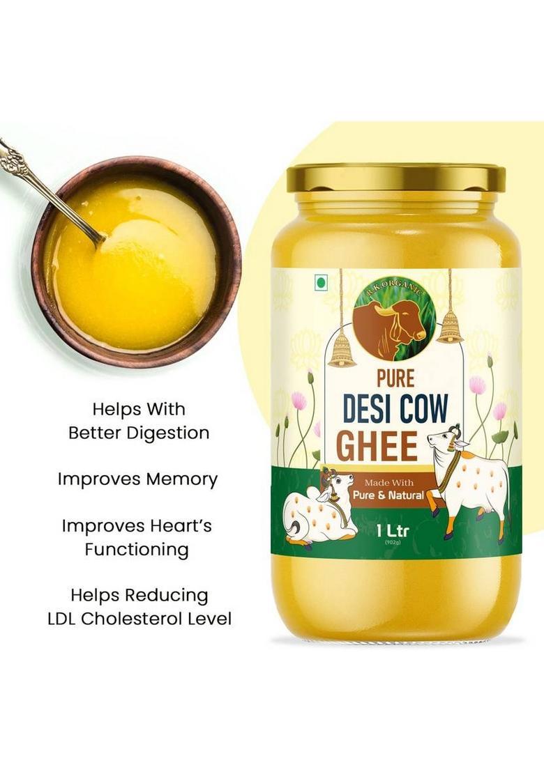 R K Organic Desi Cow Ghee Hand Churned With Healthy Fats Glass Bottle (1 L)