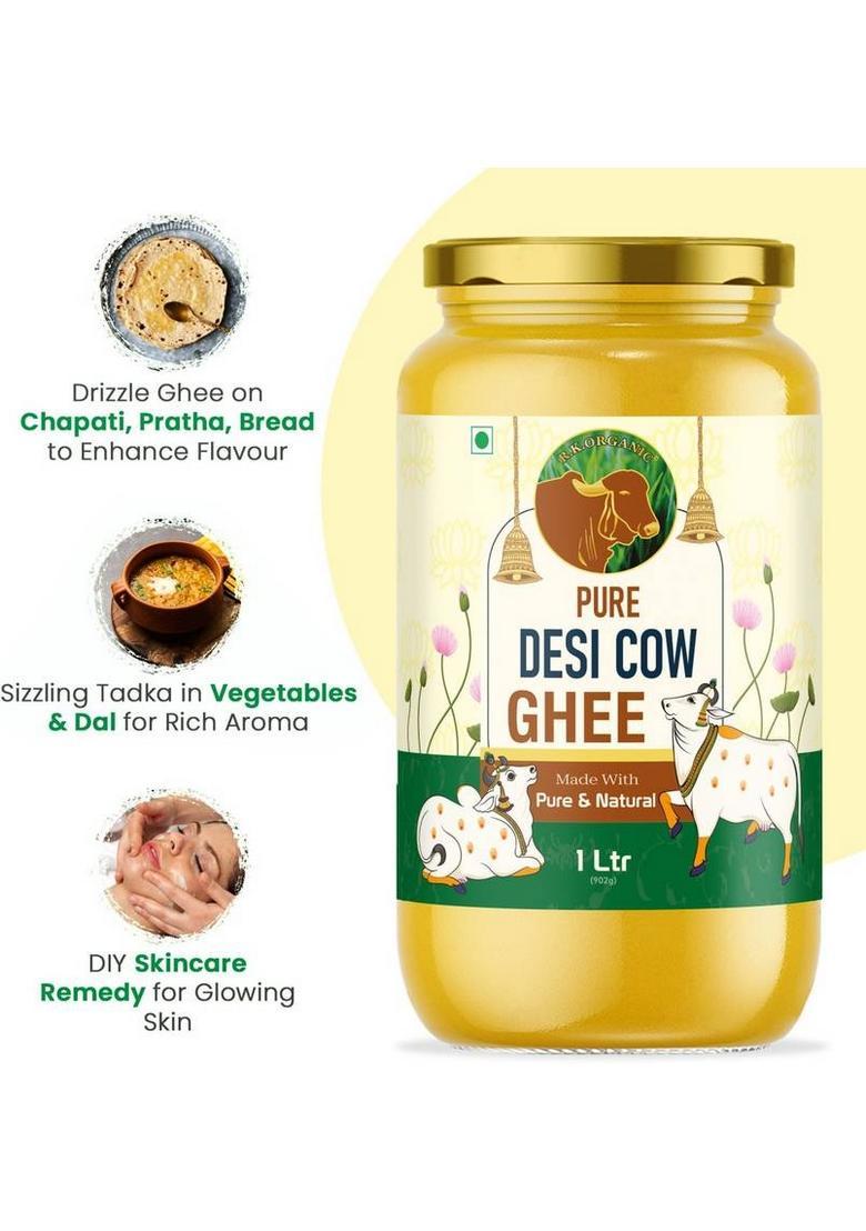 R K Organic Desi Cow Ghee Hand Churned With Healthy Fats Glass Bottle (1 L)