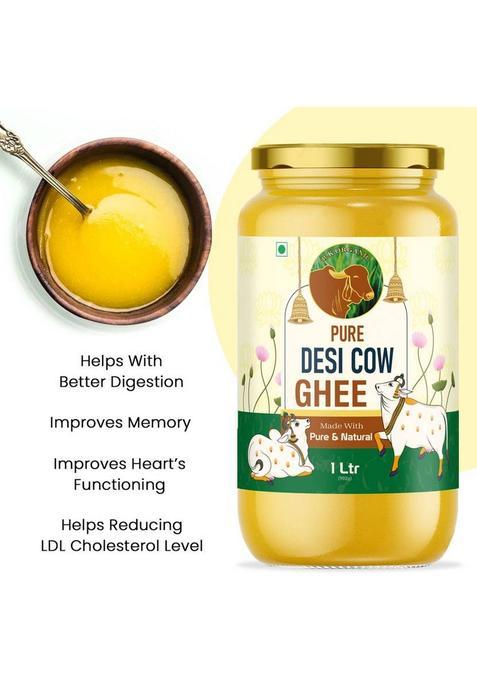 R K Organic Desi Cow Ghee Hand Churned With Healthy Fats Glass Bottle (1 L)