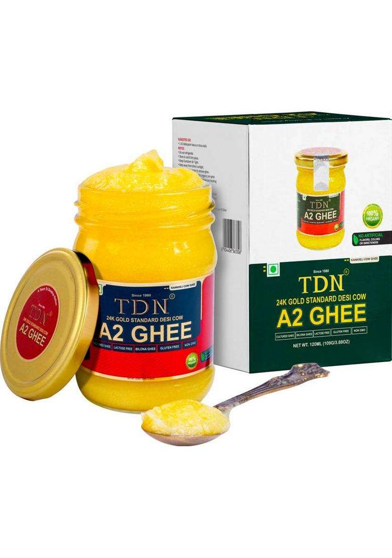 Tdn A2 Ghee|Bilona Ghee|Organic Ghee|A2 Cow Ghee|Desi Ghee|Cow Desi Ghee Glass Bottle (120 Ml) - Indya