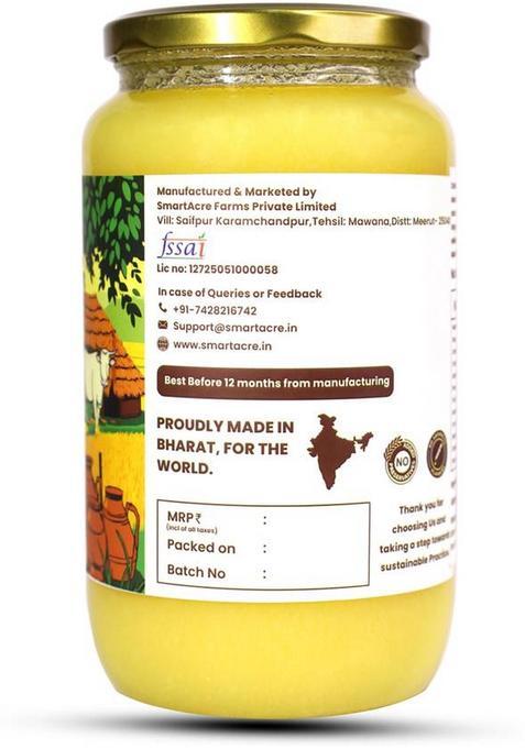 Smart Acre A2 Cow Ghee |Bilona Method|Made From Rathi & Sahiwal Milk|Traditional Pure Glass Bottle (1000 Ml)