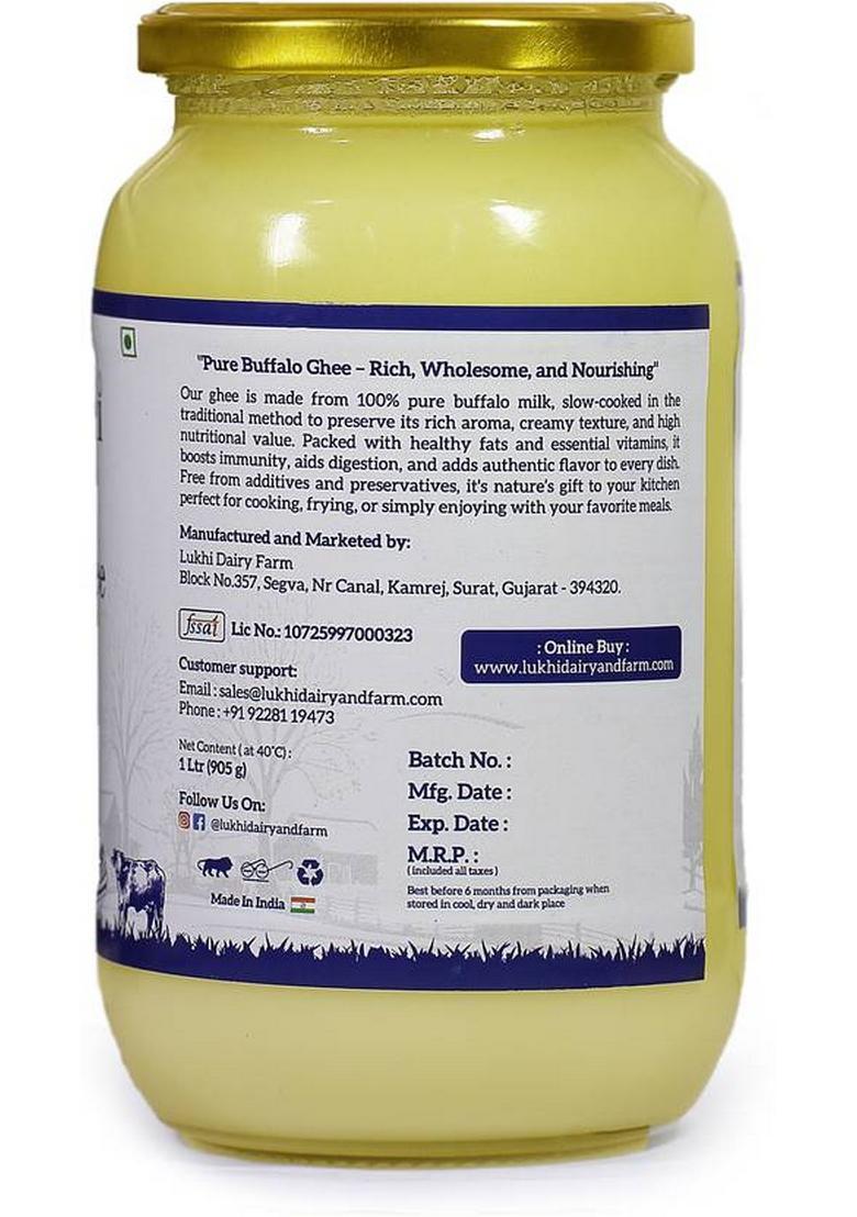 Lukhi Dairy And Farm 100 % Pure Buffalo Ghee 1 Liter Rich & Creamy | Traditional Taste Glass Bottle (1 L)