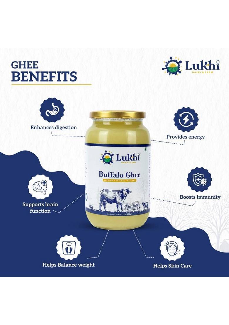 Lukhi Dairy And Farm 100 % Pure Buffalo Ghee 1 Liter Rich & Creamy | Traditional Taste Glass Bottle (1 L)