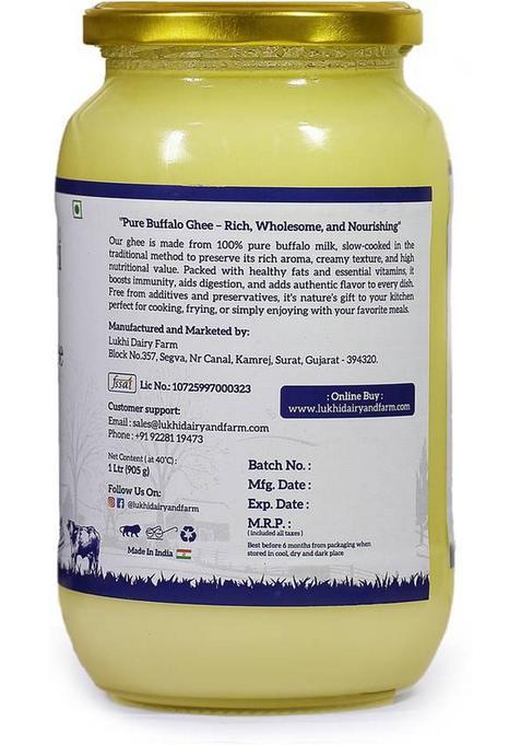 Lukhi Dairy And Farm 100 % Pure Buffalo Ghee 1 Liter Rich & Creamy | Traditional Taste Glass Bottle (1 L)