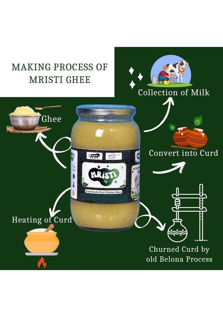 Mristi A2 Cow Handmade Desi Ghee,Lab Certified,Belona Methood(500Ml Pack Of 2) Ghee Glass Bottle (500 Ml, - Indya