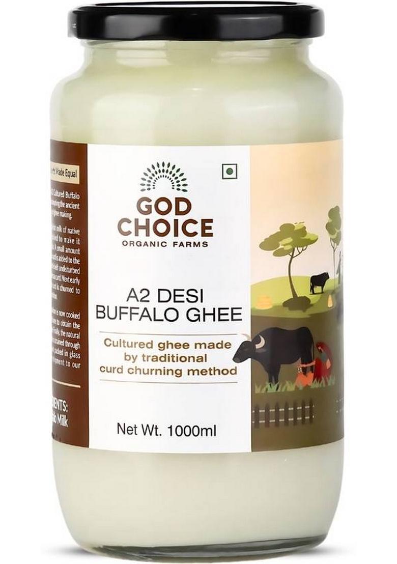 God Choice Organic Farms Pure & A2 Desi Buffalo Ghee 1 Kg | Bilona Method Curd Churned Glass Bottle (1000 Ml)