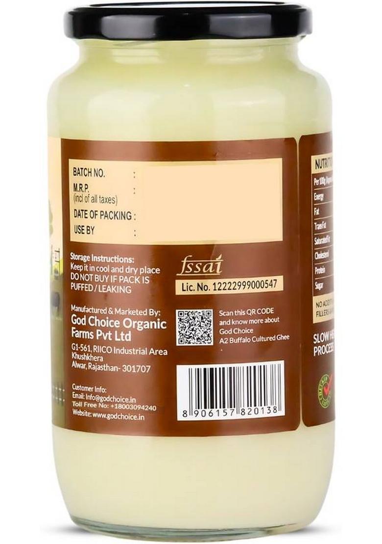 God Choice Organic Farms Pure & A2 Desi Buffalo Ghee 1 Kg | Bilona Method Curd Churned Glass Bottle (1000 Ml)