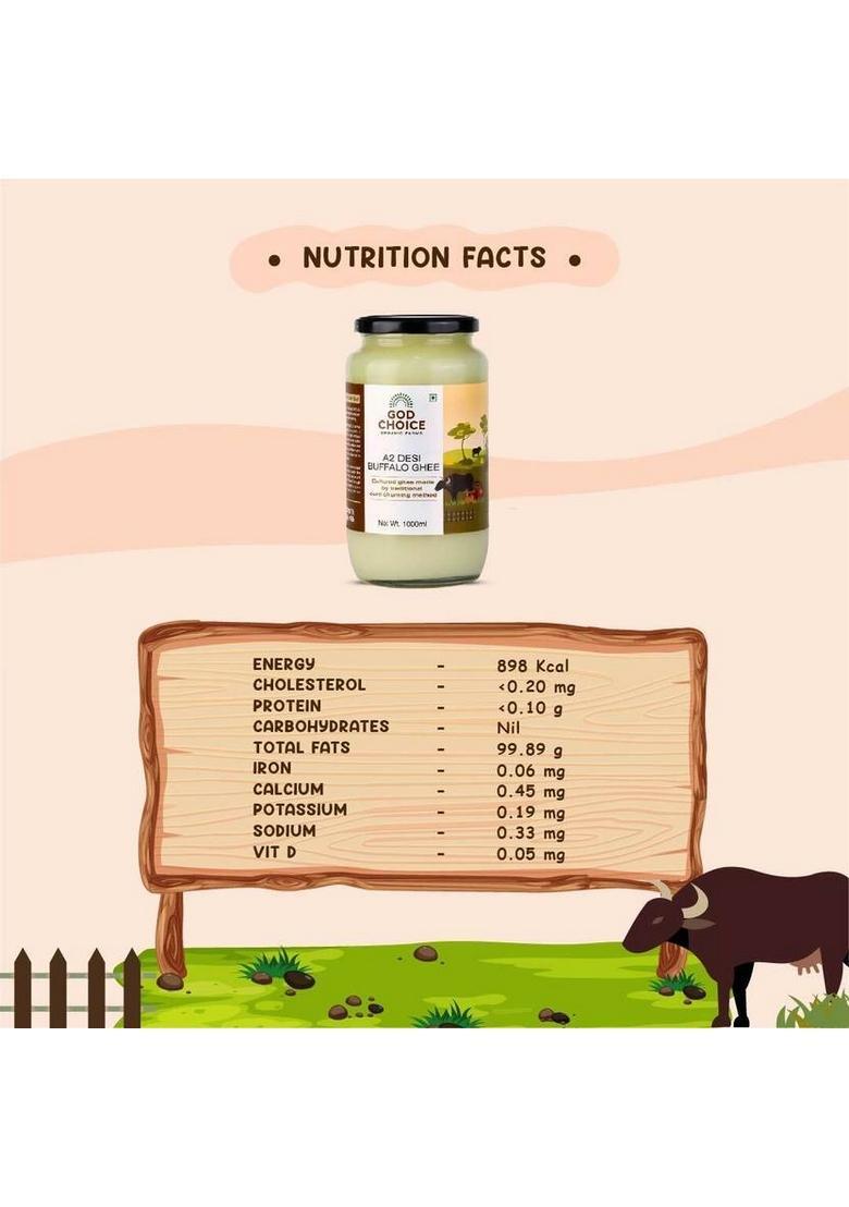 God Choice Organic Farms Pure & A2 Desi Buffalo Ghee 1 Kg | Bilona Method Curd Churned Glass Bottle (1000 Ml)