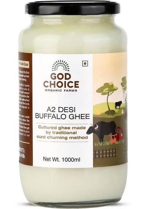 God Choice Organic Farms Pure & A2 Desi Buffalo Ghee 1 Kg | Bilona Method Curd Churned Glass Bottle (1000 Ml)