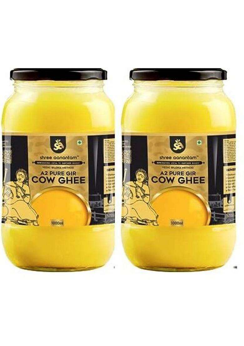 Shree Aanantam A2 Gir Cow Ghee - 1L X 2|100% Pure Cow|Bilona Method|Curd-Churned Glass Bottle (1 L, Pack Of 2) - Indya