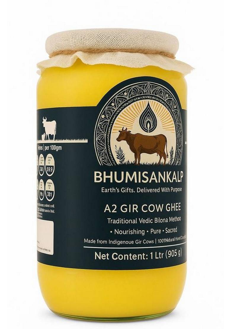 Bhumisankalp A2 Gir Cow Ghee Bilona Method |Ayurvedic| Pure Desi Grass-Fed A2Ghee 500 Ml / 1L Mason Jar (1 L)