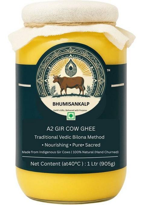 Bhumisankalp A2 Gir Cow Ghee Bilona Method |Ayurvedic| Pure Desi Grass-Fed A2Ghee 500 Ml / 1L Mason Jar (1 L)