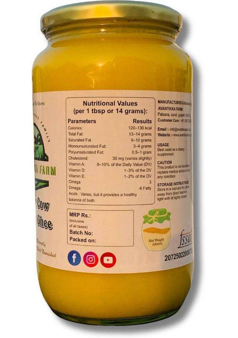 Avantikka Farm A2 Gir Cow Ghee 1 Little | Vedic Bilona Pure Grass-Fed Glass Bottle (1000 Ml) - Indya
