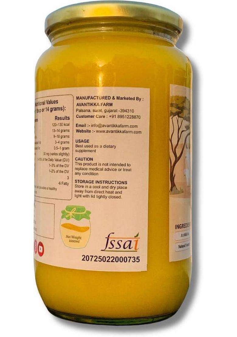 Avantikka Farm A2 Gir Cow Ghee 1 Little | Vedic Bilona Pure Grass-Fed Glass Bottle (1000 Ml) - Indya