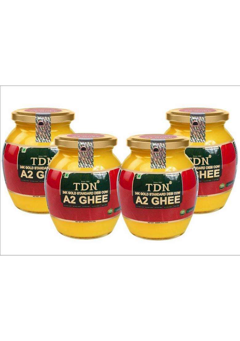Tdn Organic Ghee|Desi Cow Ghee 500G|A2 Ghee|Pure Desi Ghee| Bilona Glass Bottle (500 Ml, Pack Of 4) - Indya