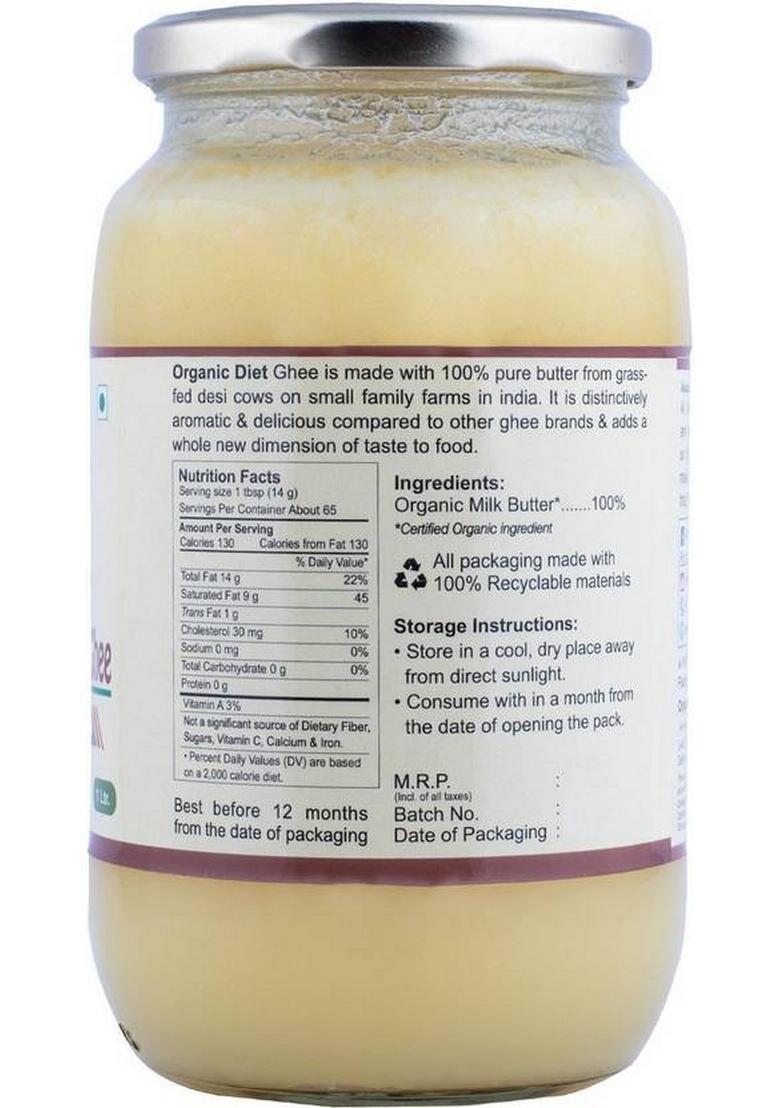 Organic Diet A2 Desi Cow Ghee Glass Bottle (1000 Ml)