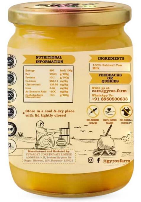 Gyros A2 Sahiwal Cow Ghee | Bilona Method Desi 100% Natural & Pure Glass Bottle (150 Ml)