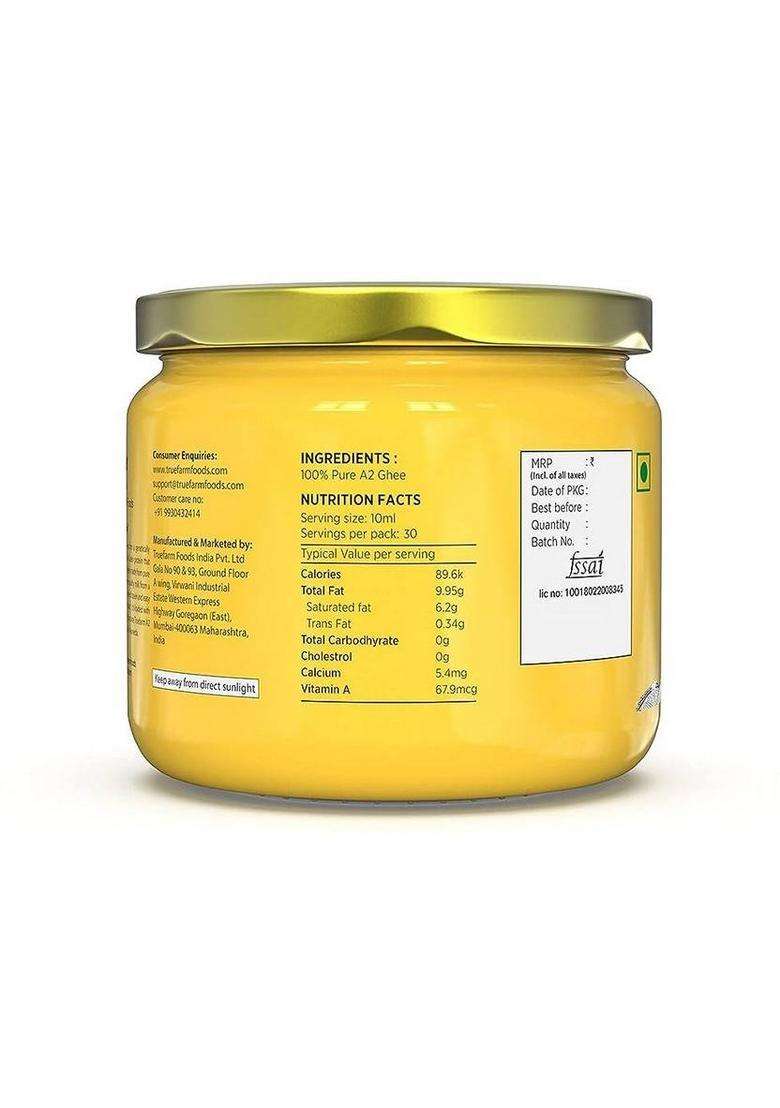 Truefarm A2 Gir Cow Desi Ghee, Traditional Hand Churned Bilona Method Glass Bottle (300 Ml) - Indya