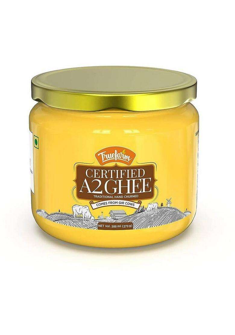 Truefarm A2 Gir Cow Desi Ghee, Traditional Hand Churned Bilona Method Glass Bottle (300 Ml) - Indya