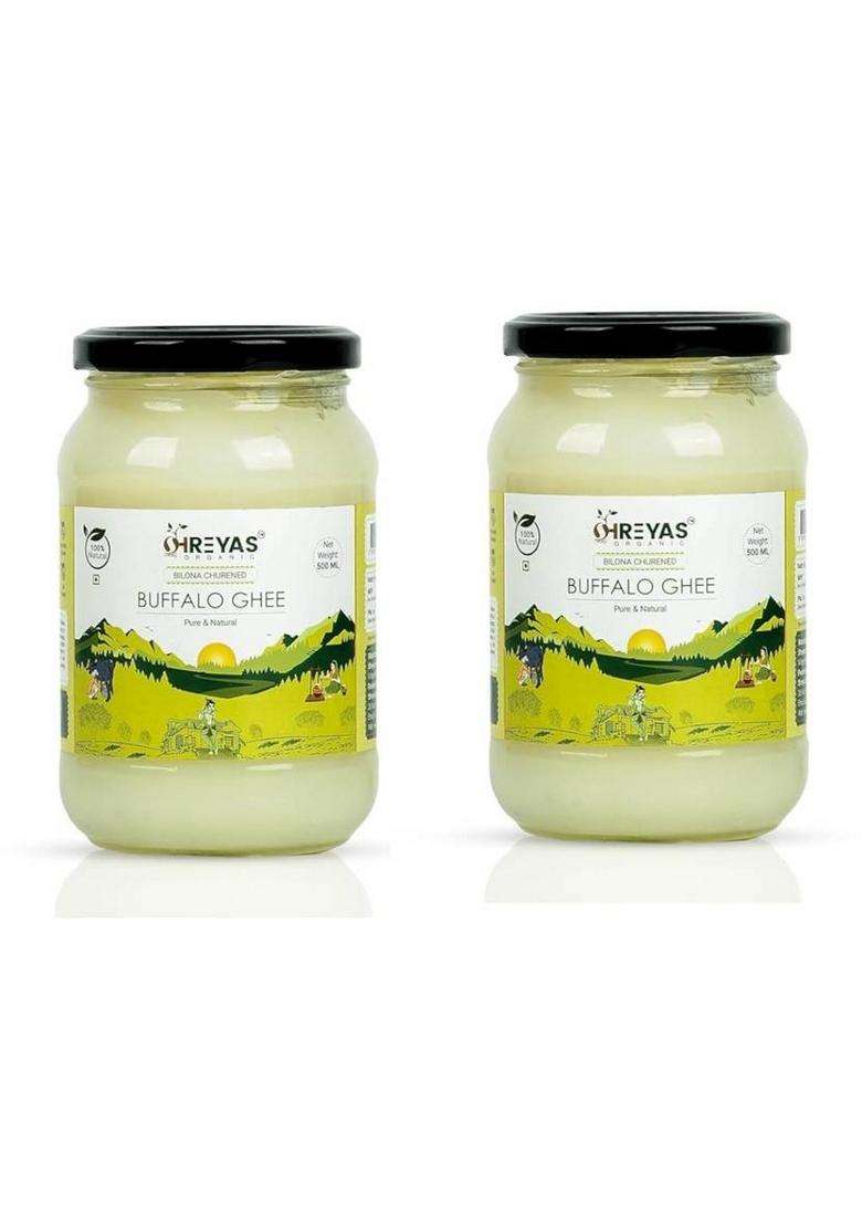 Shreyas Organic Premium Buffalo Ghee Bilona Method | Churned From Curd Glass Bottle (500 Ml, Pack Of 2) - Indya
