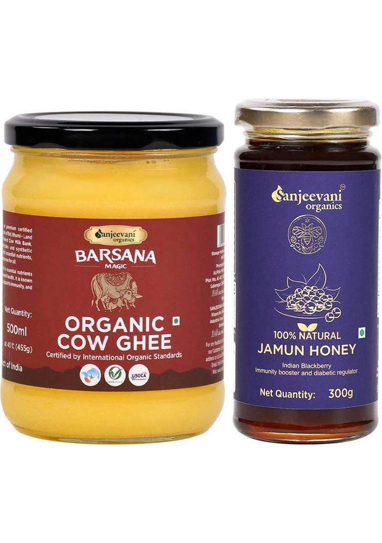 Sanjeevani Organics Organic Cow Ghee | Chemical-Free & Jamun Honey 100% Natural No Additives Glass Bottle (755 G, Pack Of 2) - Indya
