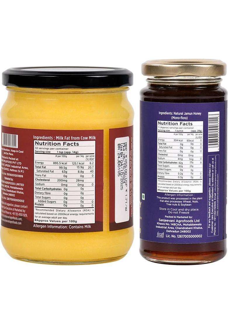 Sanjeevani Organics Organic Cow Ghee | Chemical-Free & Jamun Honey 100% Natural No Additives Glass Bottle (755 G, Pack Of 2) - Indya