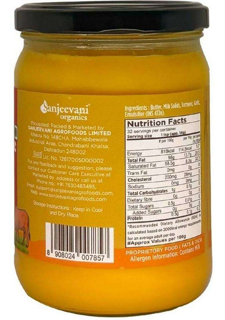 Sanjeevani Organics Organic Turmeric & Garlic Dairy Spread | Ideal For Healthy Cooking Ghee Glass Bottle (500 Ml) - Indya
