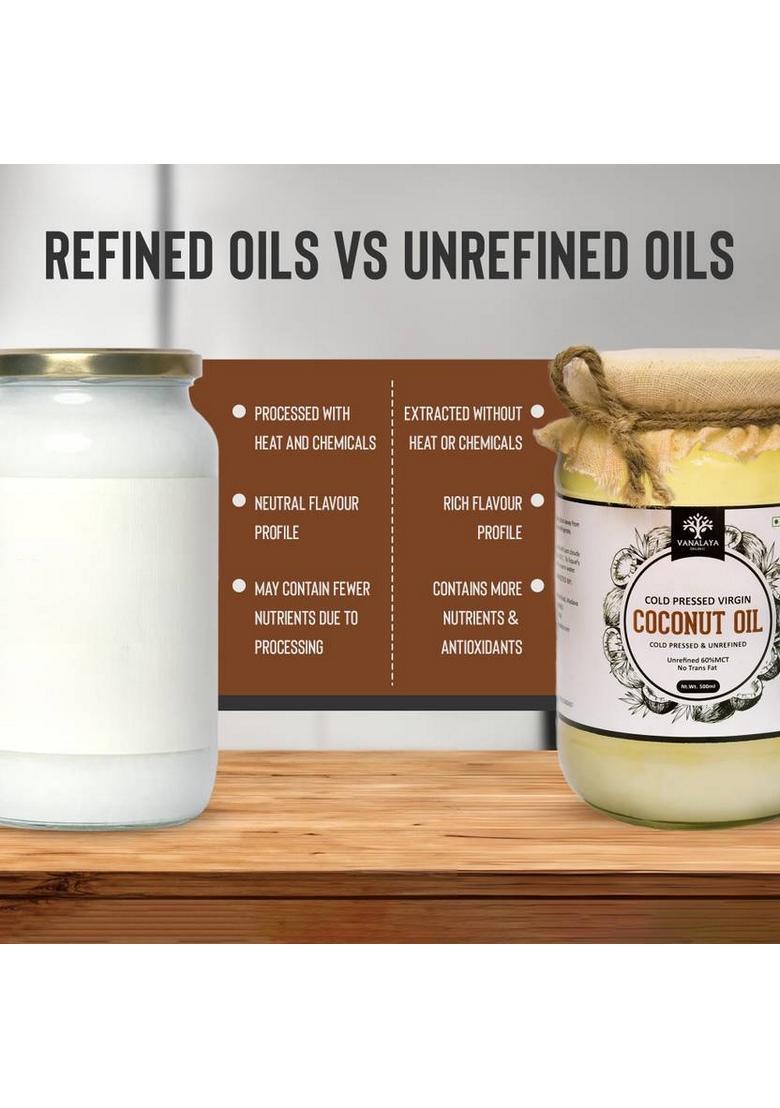 Vanalaya Cold Pressed Virgin Coconut Oil For Cooking, Hair & Skin Glass Bottle (500 Ml)