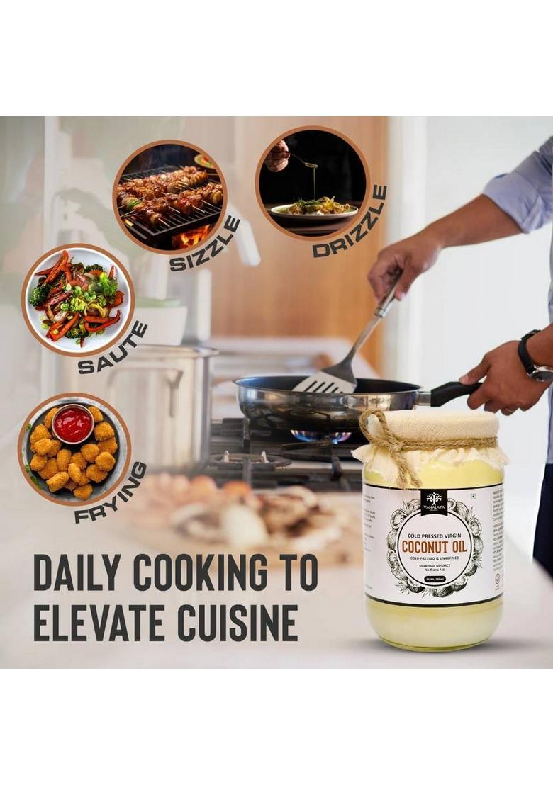 Vanalaya Cold Pressed Virgin Coconut Oil For Cooking, Hair & Skin Glass Bottle (500 Ml)